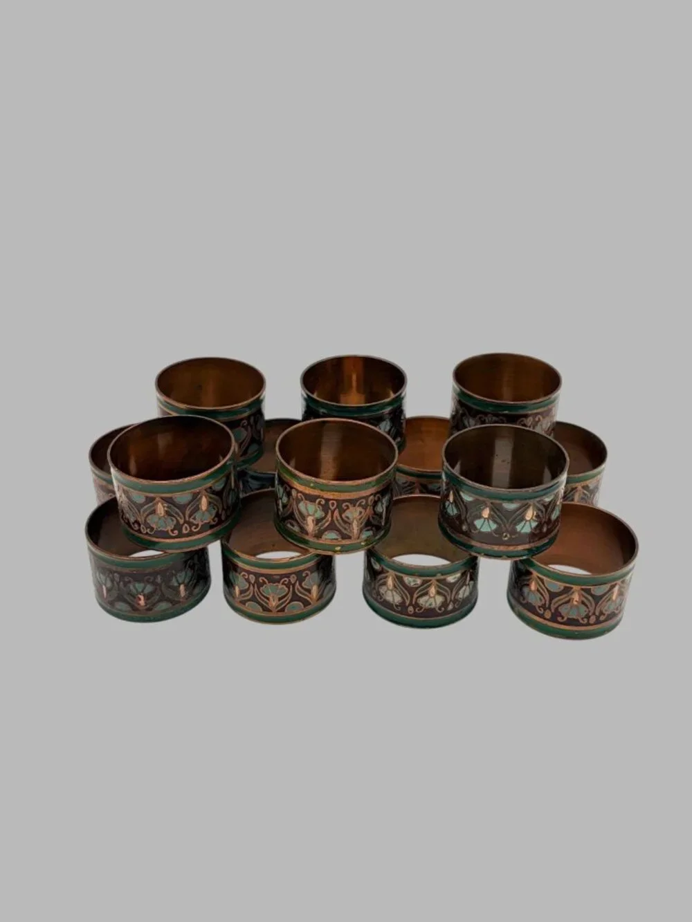 Pier 1 Imports Set of 14 Hand Painted Copper & Enamel Floral Napkin Rings 1.75